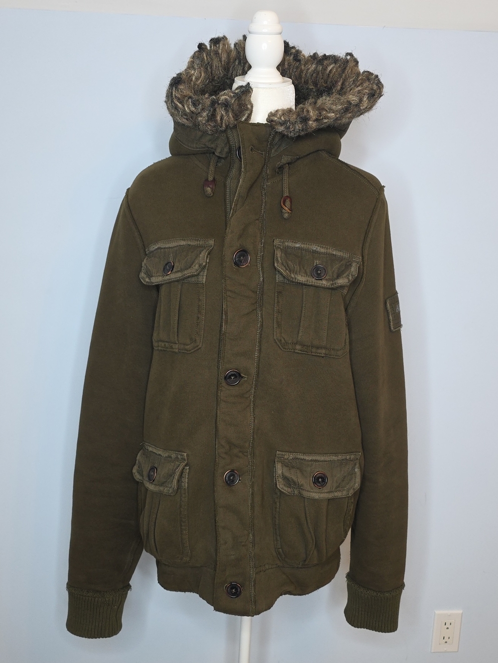 Abercrombie & Fitch Olive Green Military Field Jacket with Faux Fur Hood Y2K